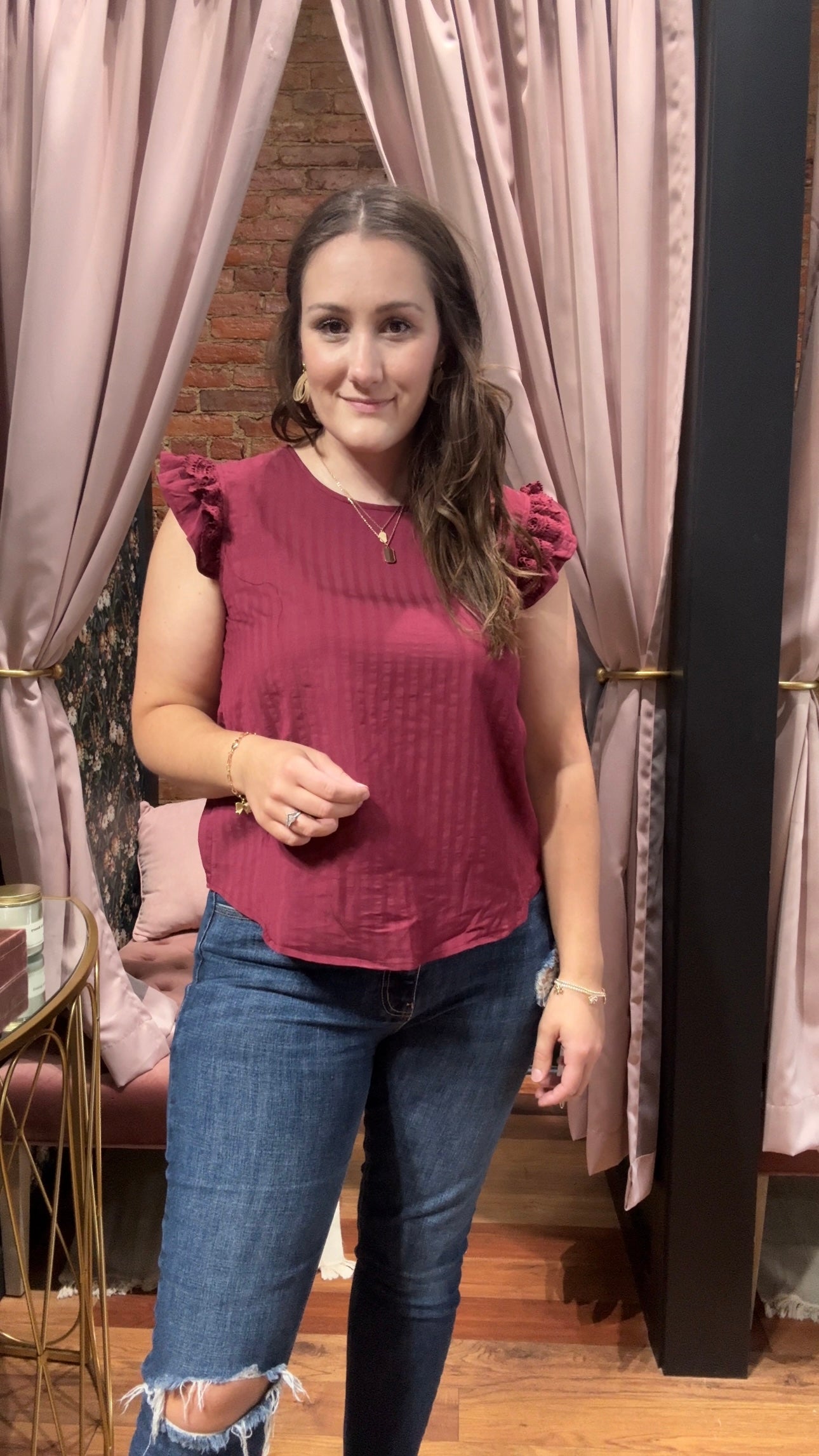 Lace Trim, Striped, Short Sleeve Blouse: Rose