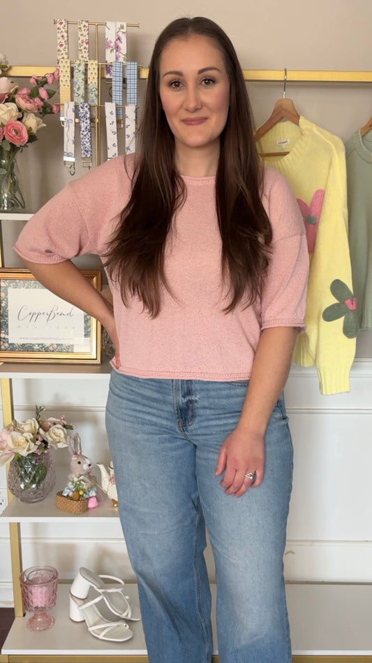 Cropped Boxy Short Sleeve Knit Sweater- Blush