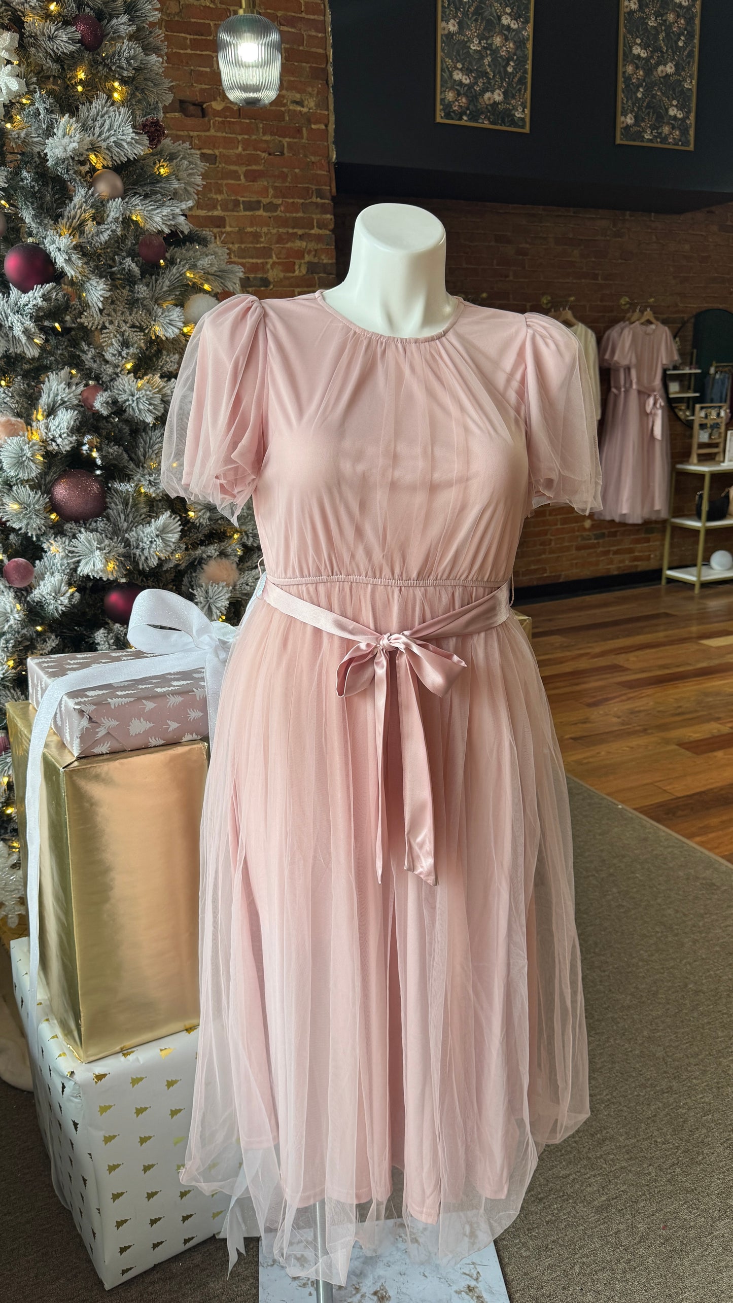 Pink Tulle Short Sleeve Midi Dress