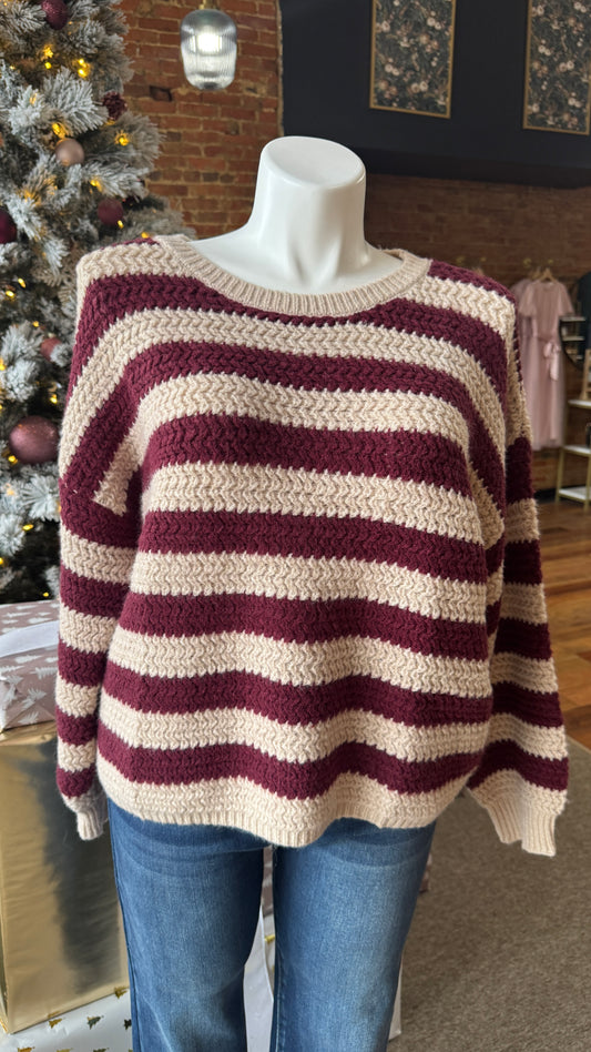 Burgundy & Cream Striped Knit Sweater