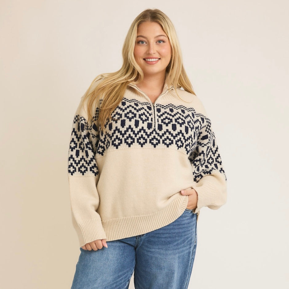 Navy & Cream Abstract Zip Up Sweater: SMALL-3XL