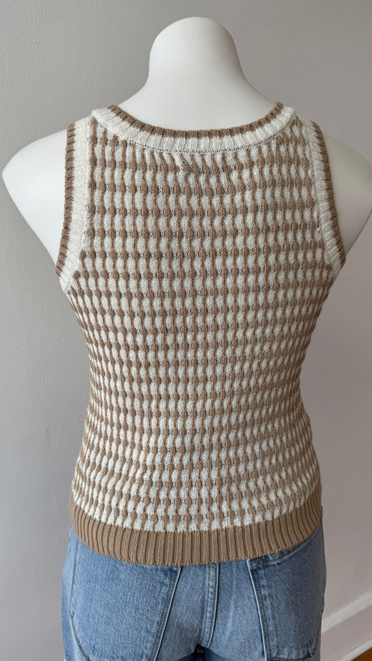 Knit Sleeveless Sweater Tank: Khaki & White