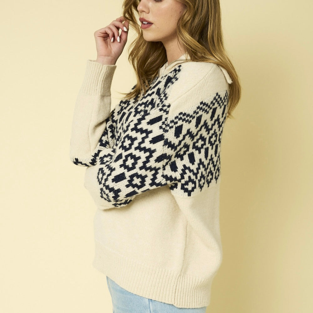 Navy & Cream Abstract Zip Up Sweater: SMALL-3XL