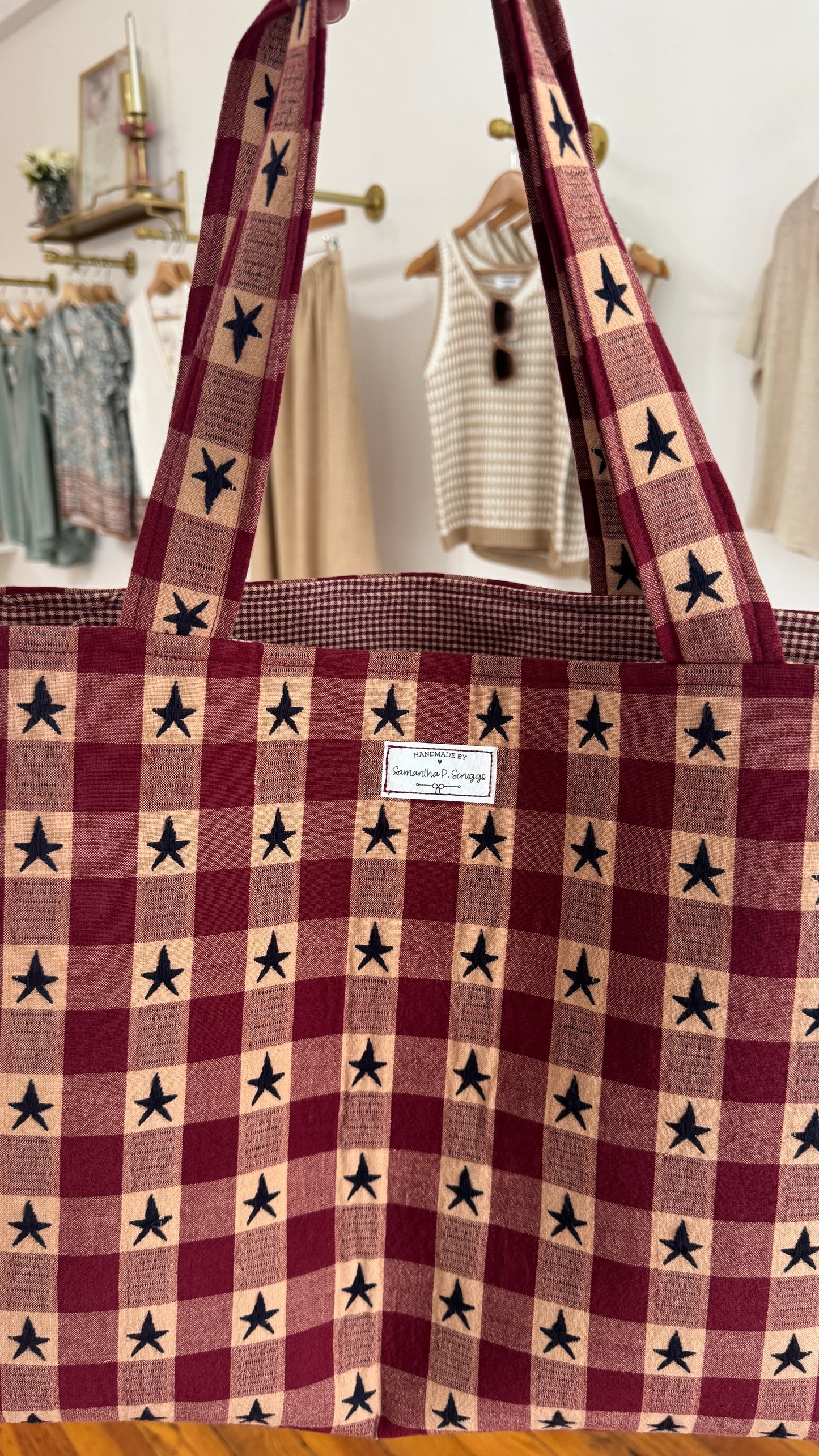 Handmade By Samantha XL Tote Bag: Checkerd Star