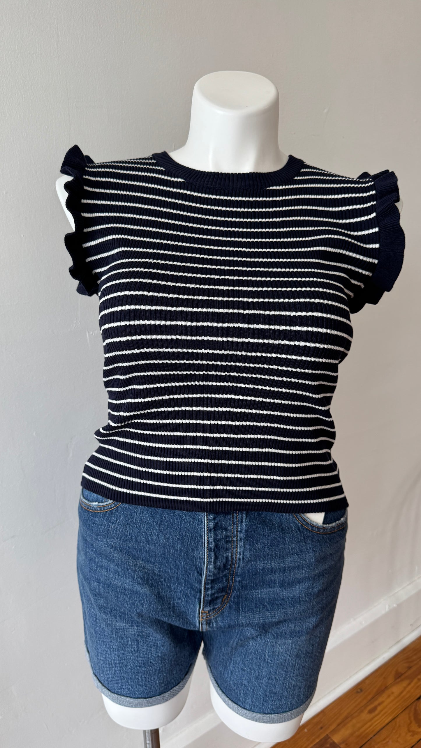 Stripe Ruffle Trim Tank Top: Navy & White