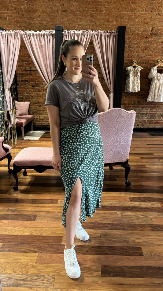 Floral Midi Skirt: Hunter Green