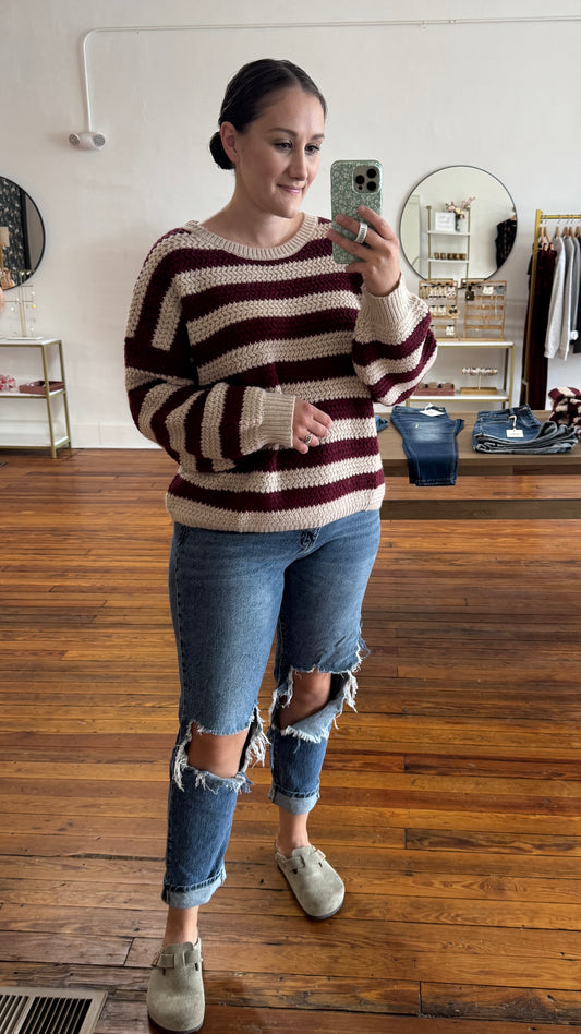 Crochet Knit Striped Sweater: Berry & Cream