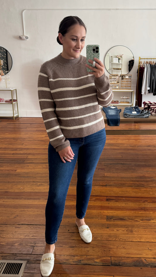 Stripe Mock Neck Sweater: Taupe & White