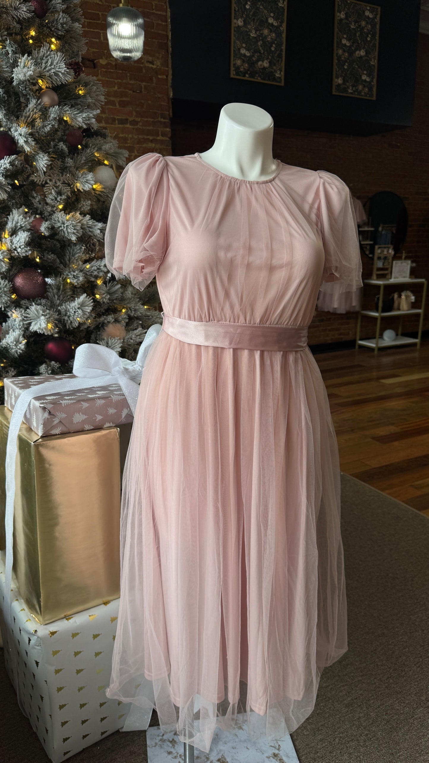 Pink Tulle Short Sleeve Midi Dress