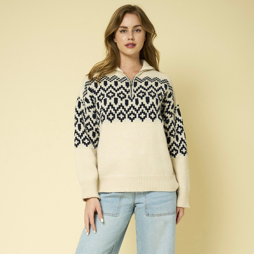 Navy & Cream Abstract Zip Up Sweater: SMALL-3XL