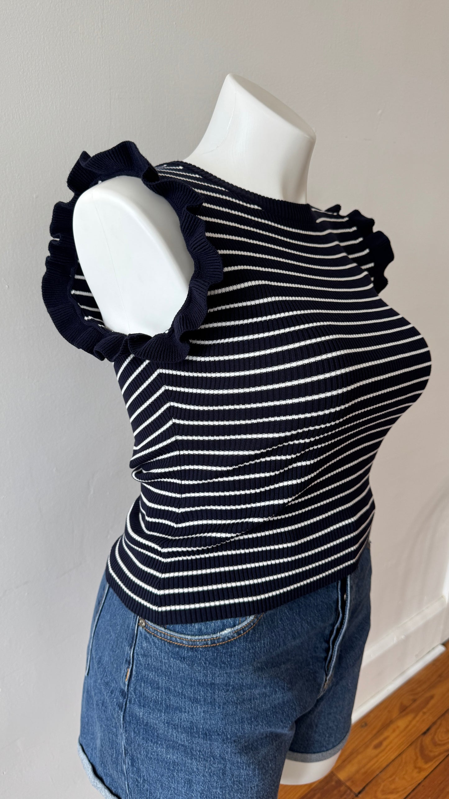 Stripe Ruffle Trim Tank Top: Navy & White