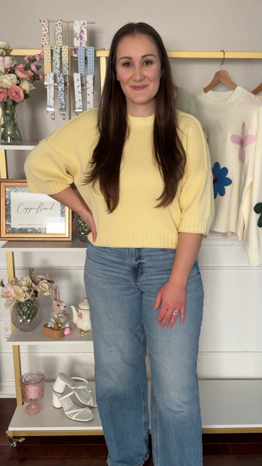 Cropped Boxy Short Sleeve Sweater-Butter Yellow