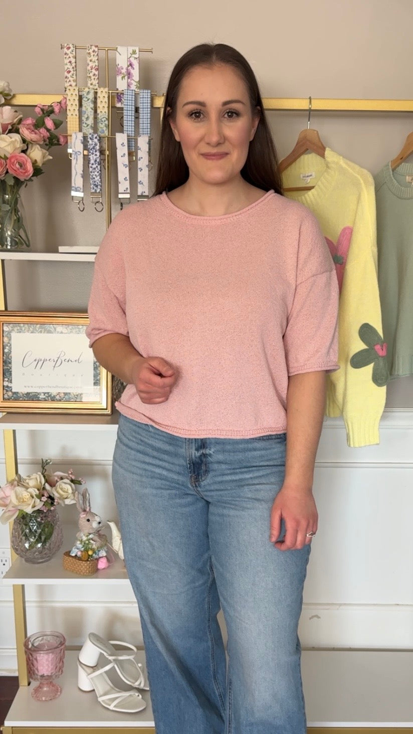 Cropped Boxy Short Sleeve Knit Sweater- Blush