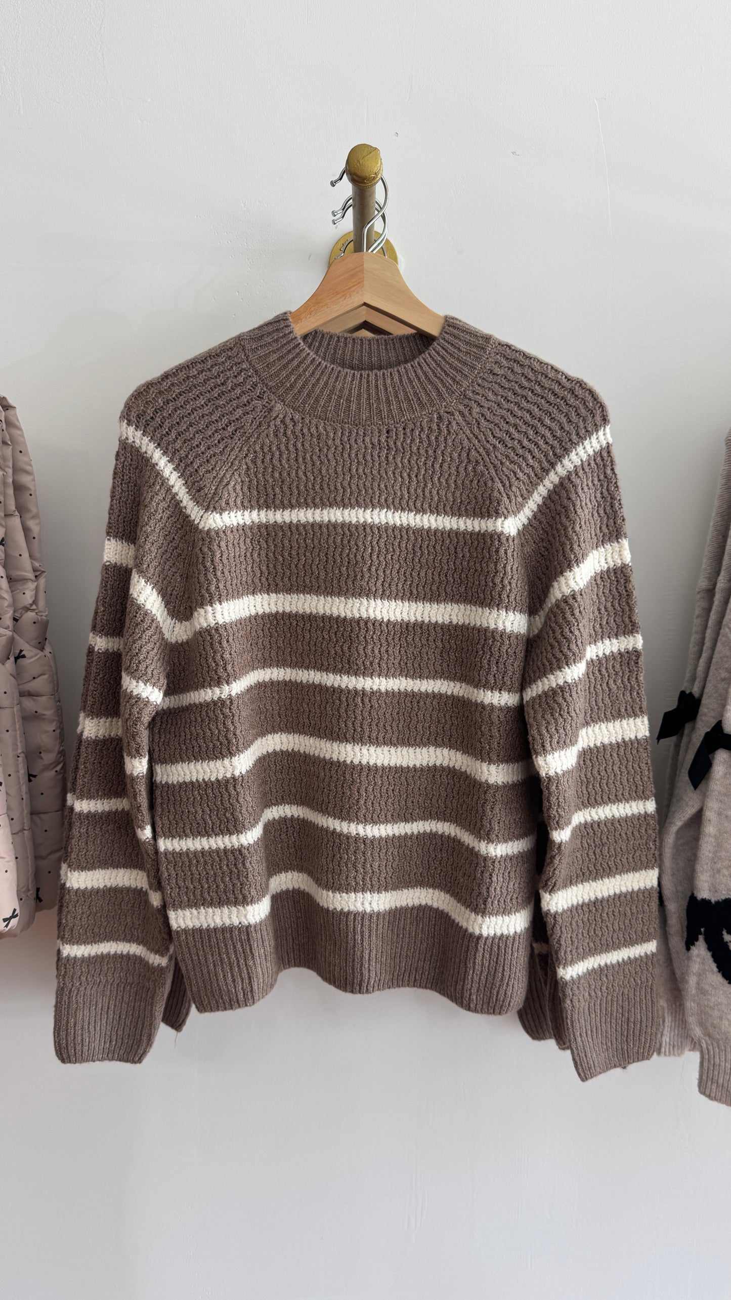Stripe Mock Neck Sweater: Taupe & White