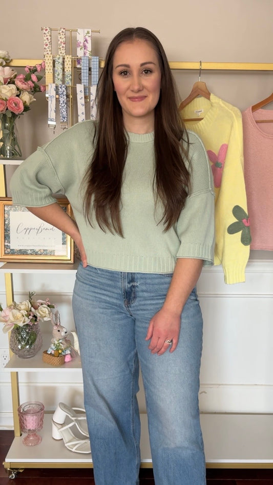 Cropped Boxy Short Sleeve Sweater-Sage Green