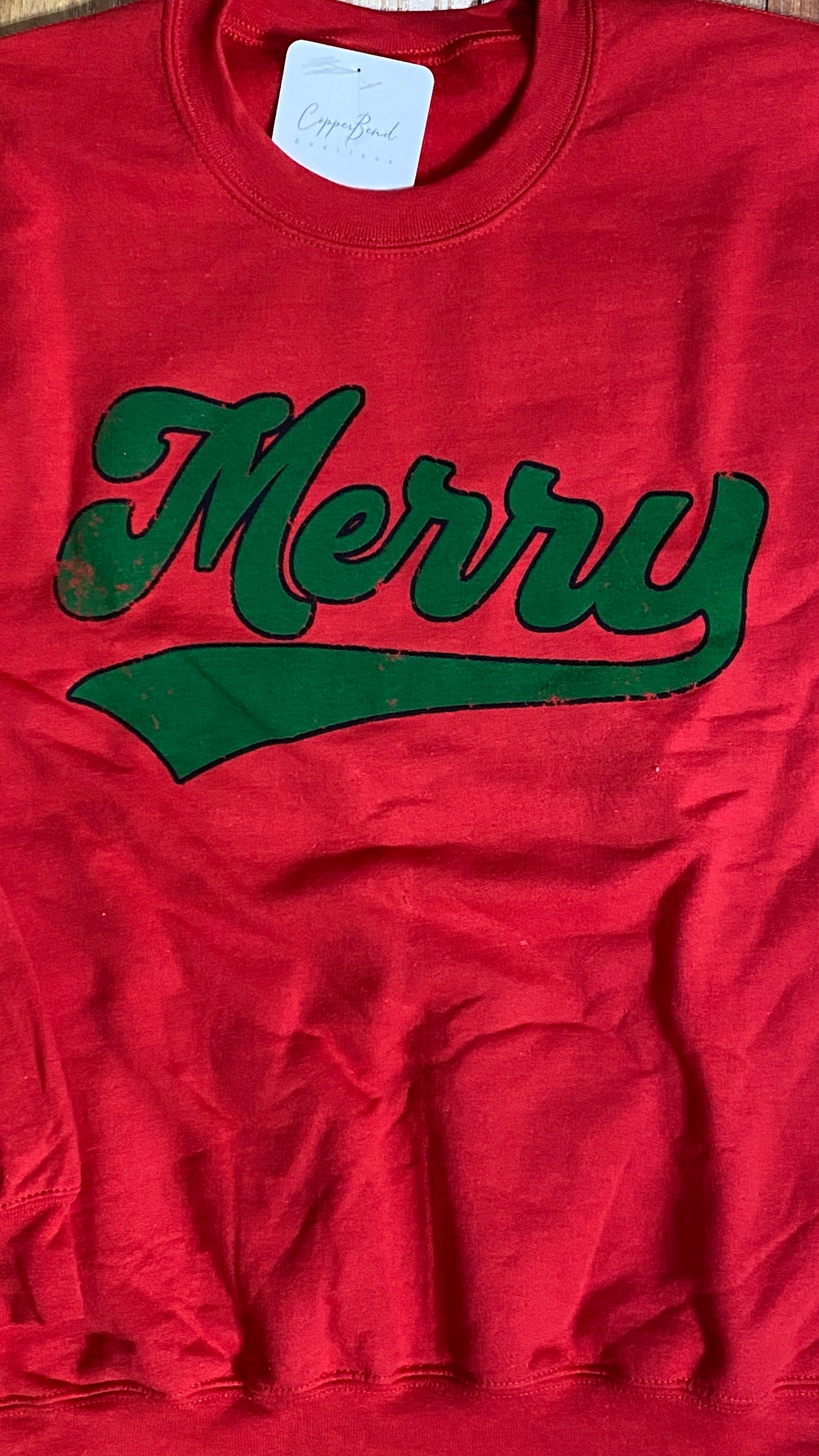 "Merry" Crewneck- Red with Green Lettering: Small-3XL
