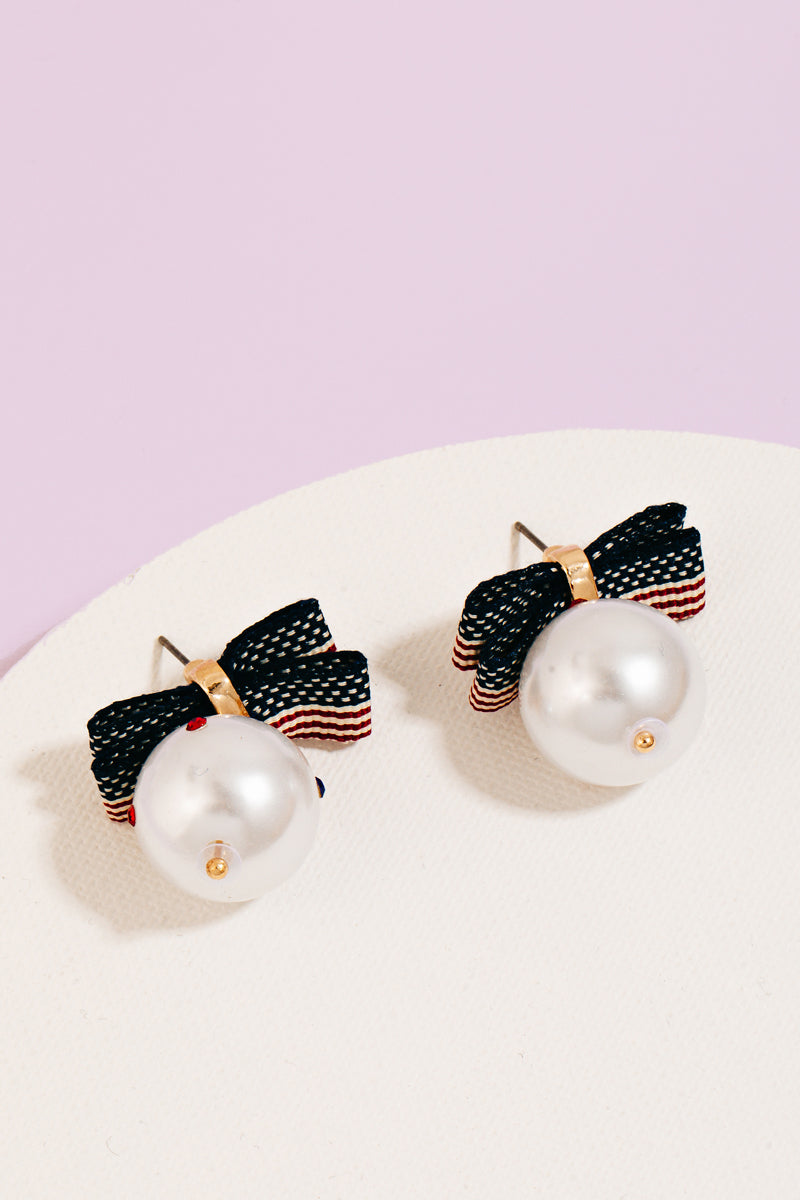 Flag Ribbon & Pearl Dangle Earrings