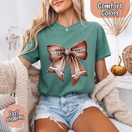 Comfort Colors Vintage Football Bow T-Shirt – Cute Game Day Tee for Women