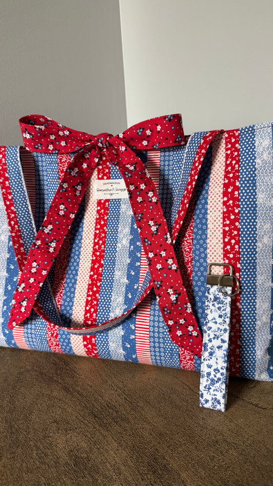 Handmade By Samantha XL Tote Bag: Americana Stripes With Bow Tie Closure and Matching Handmade Wristlet Key Ring