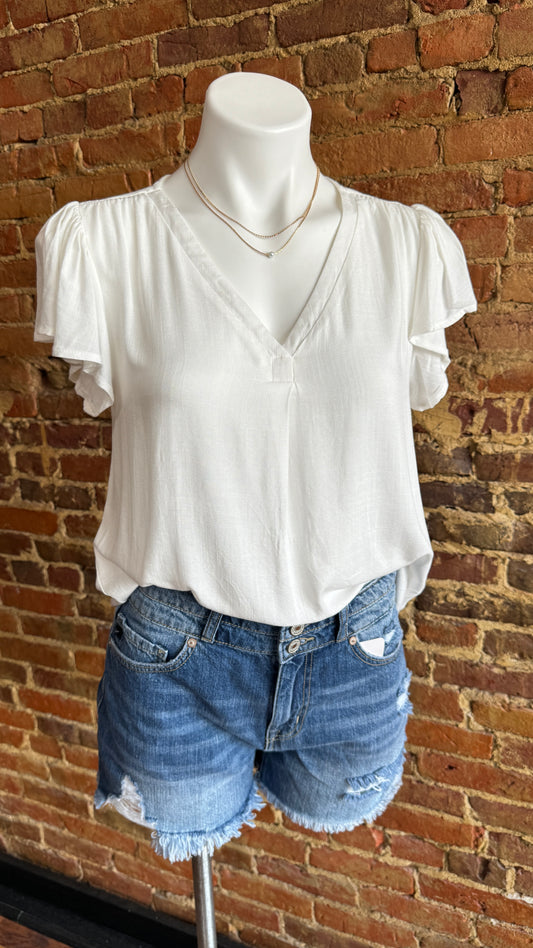 V-Neck Flutter Sleeve Top: Small-3XL