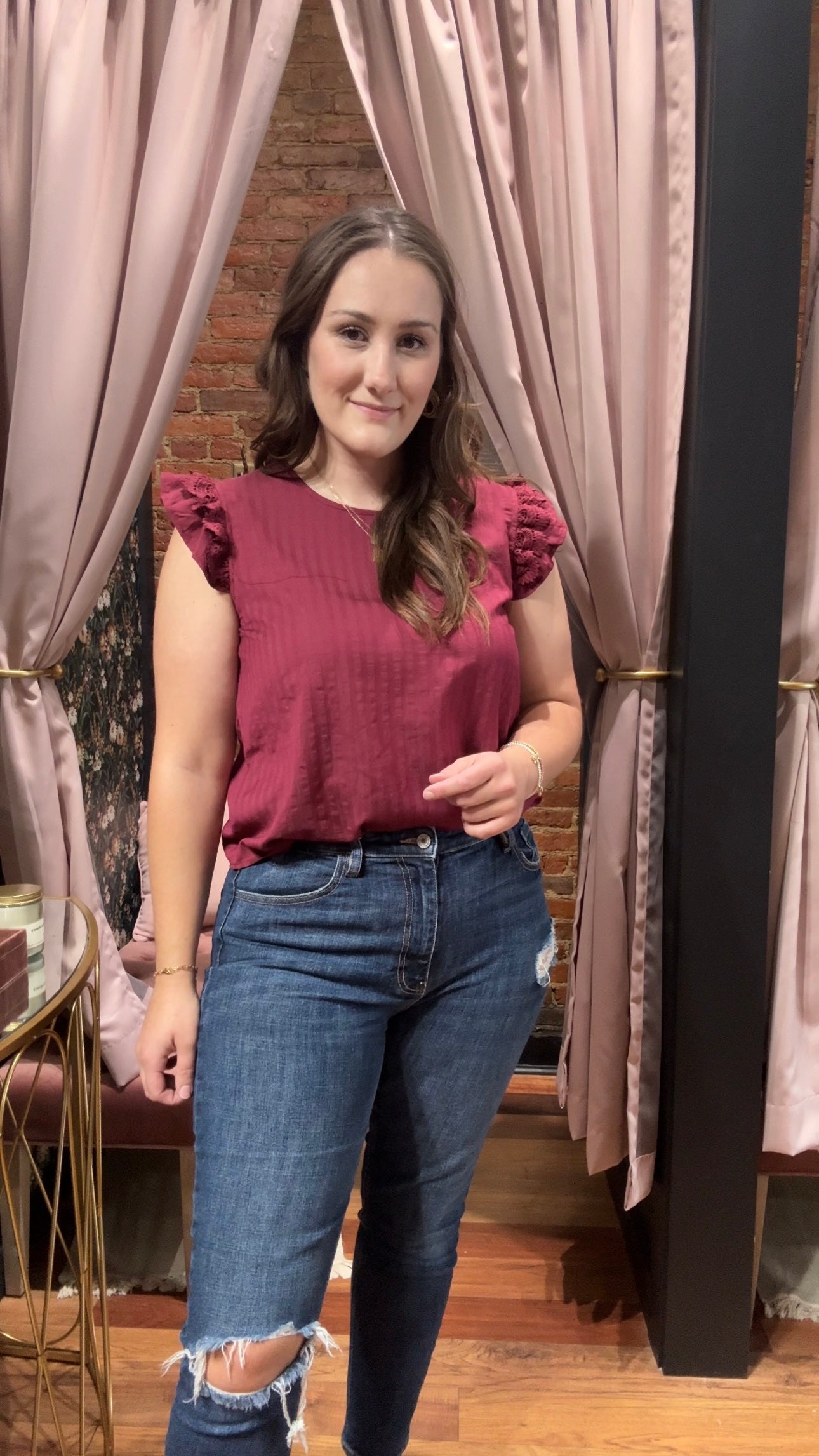 Lace Trim, Striped, Short Sleeve Blouse: Rose