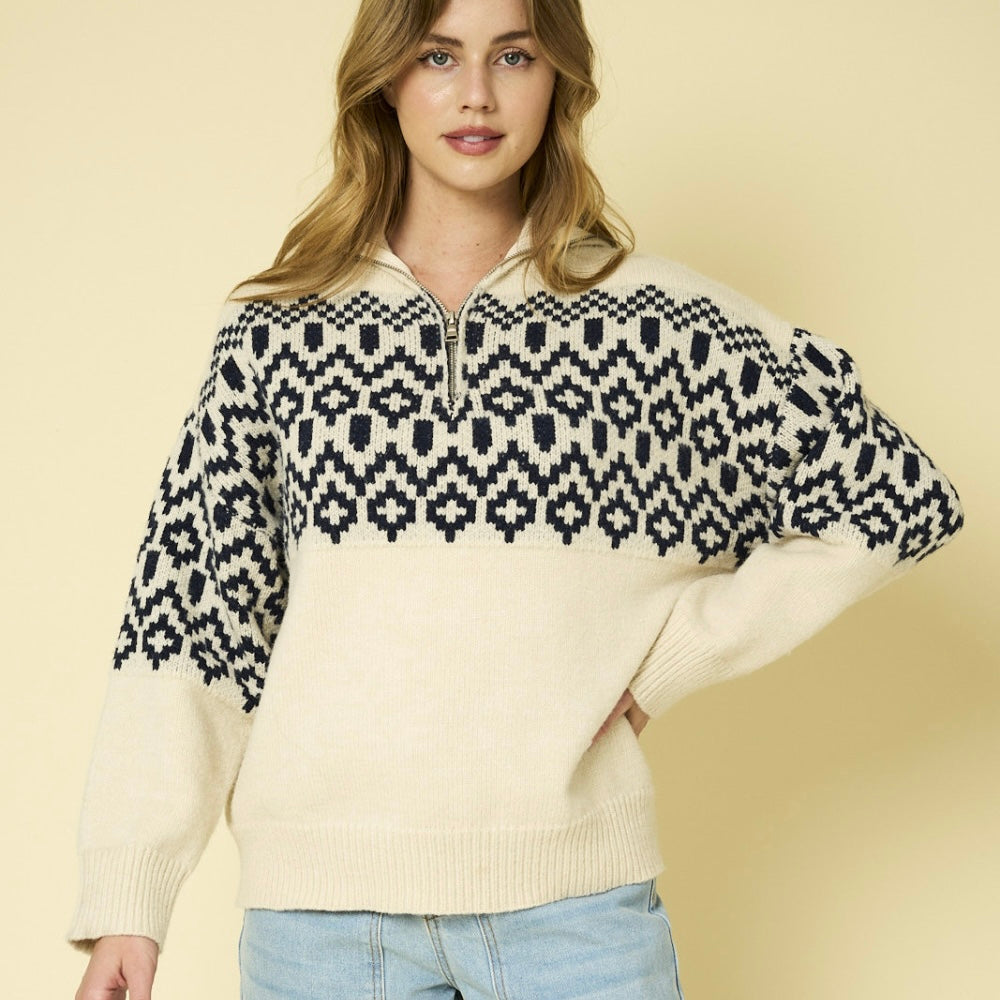 Navy & Cream Abstract Zip Up Sweater: SMALL-3XL