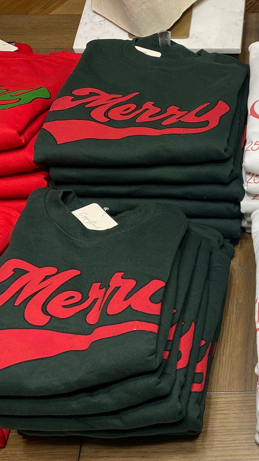 "Merry" Crewneck- Green with Red Lettering: Small-3XL