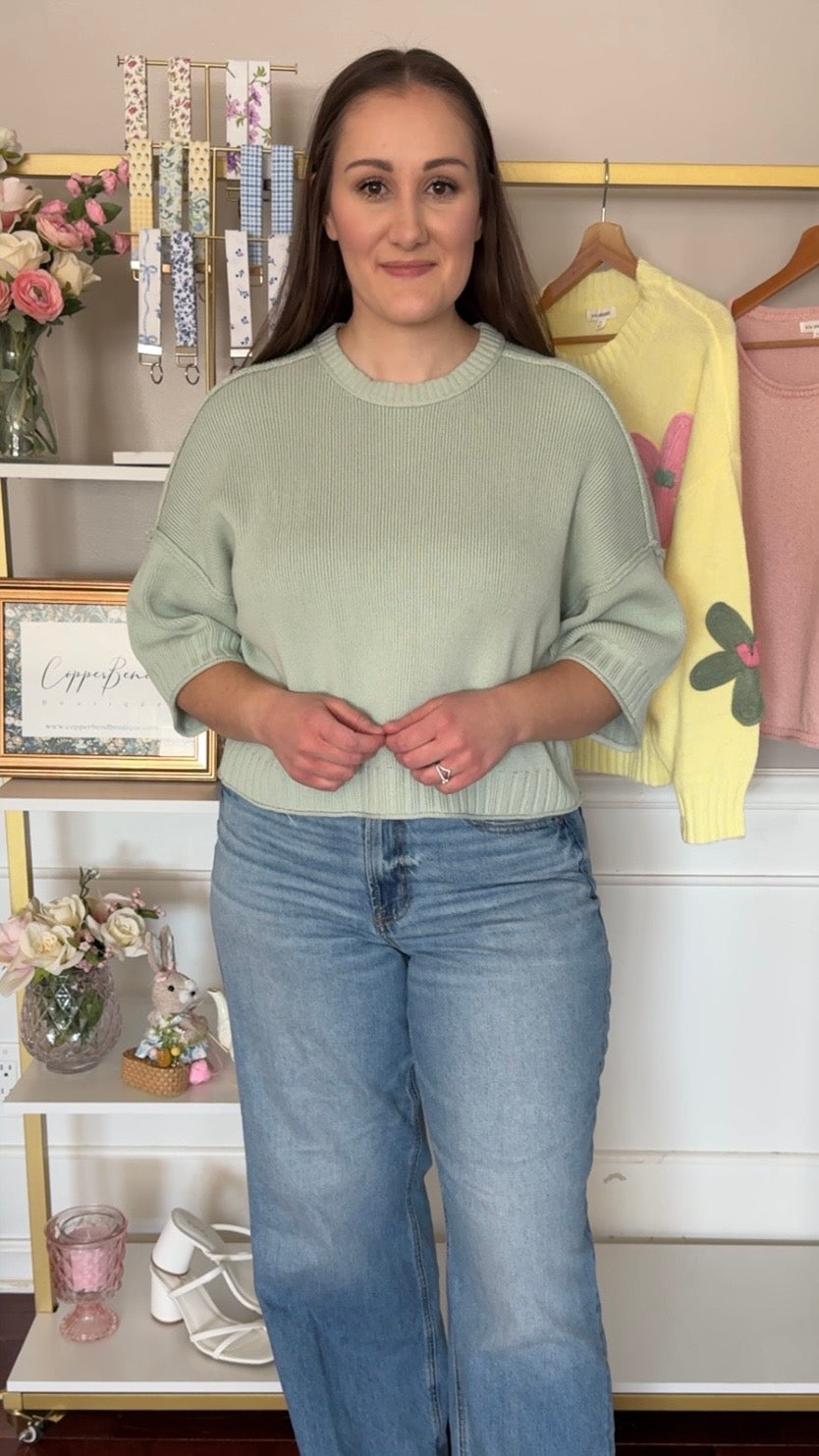 Cropped Boxy Short Sleeve Sweater-Sage Green