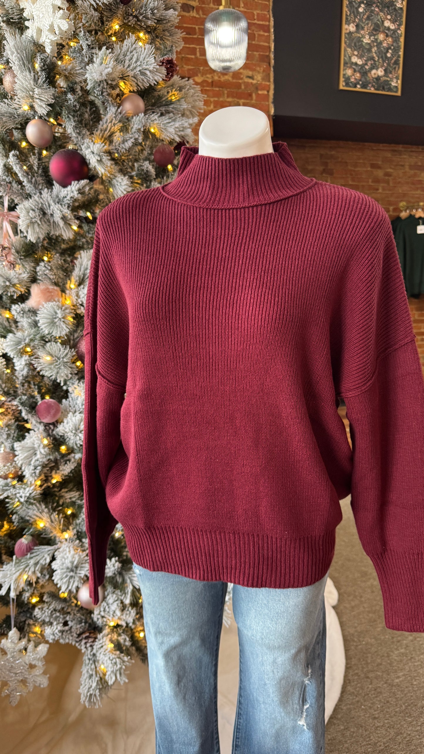 Mock Neck Ribbed Sweater: Burgundy