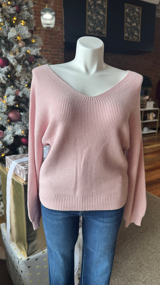 V Neck Back Bow Tie Sweater: Dusty Pink