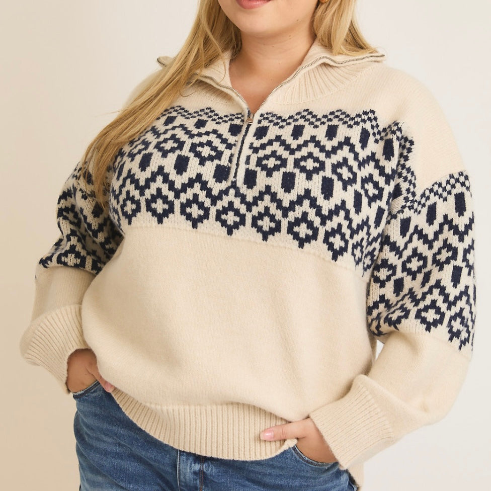 Navy & Cream Abstract Zip Up Sweater: SMALL-3XL