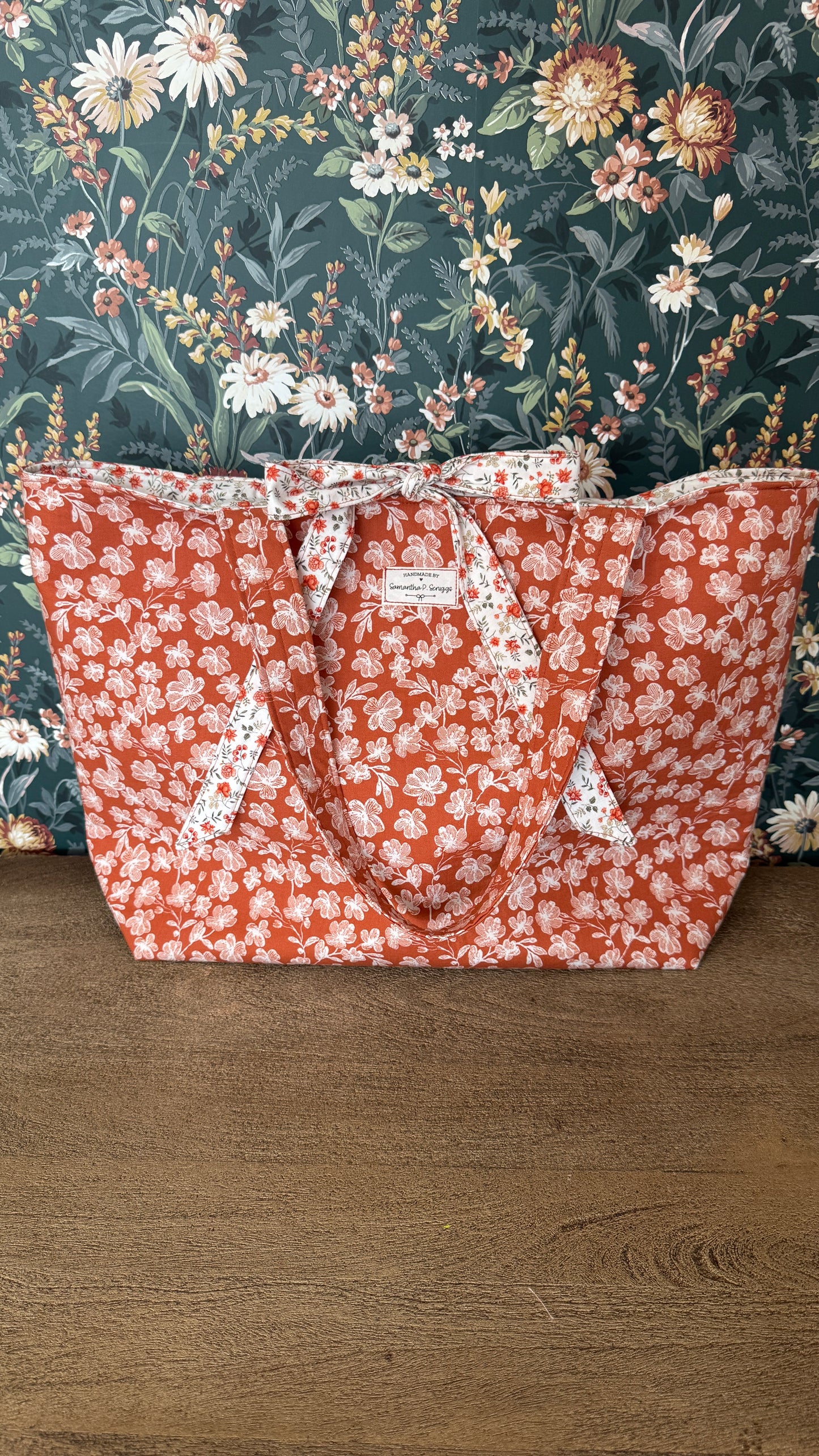 Handmade By Samantha XL Tote Bag: Fall Floral With Bow Tie Closure