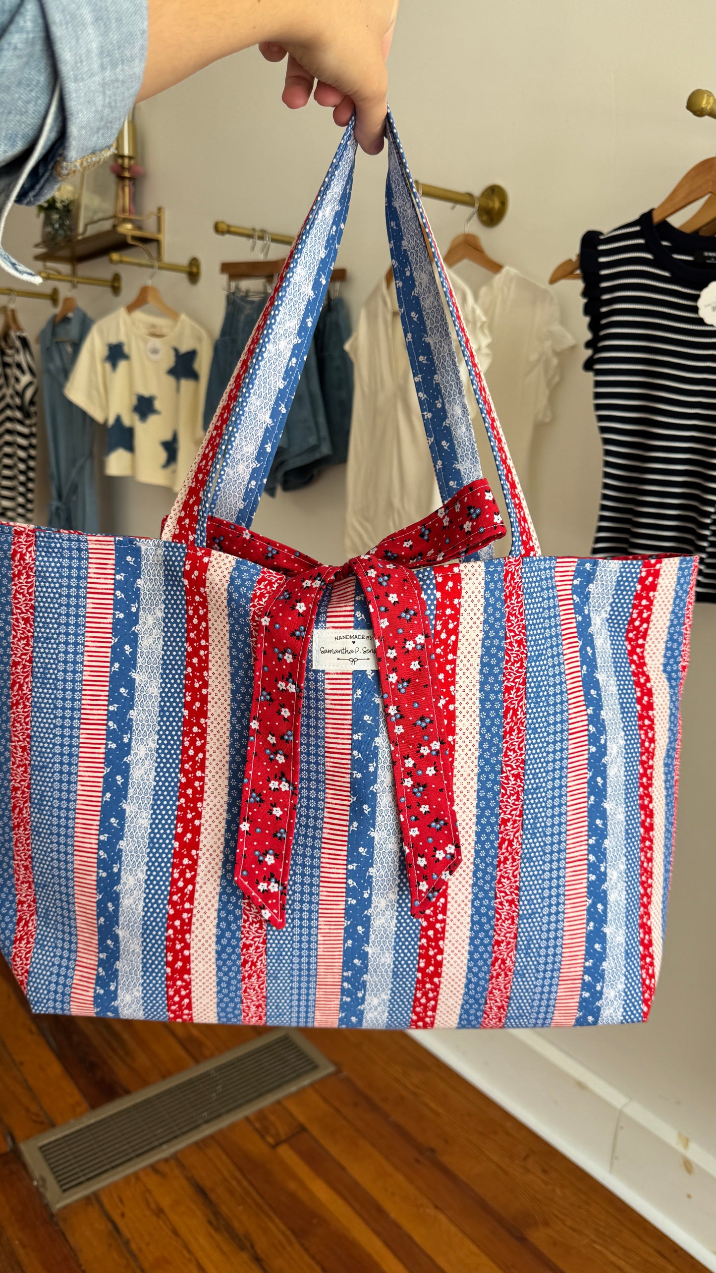 Handmade By Samantha XL Tote Bag: Americana Stripes With Bow Tie Closure