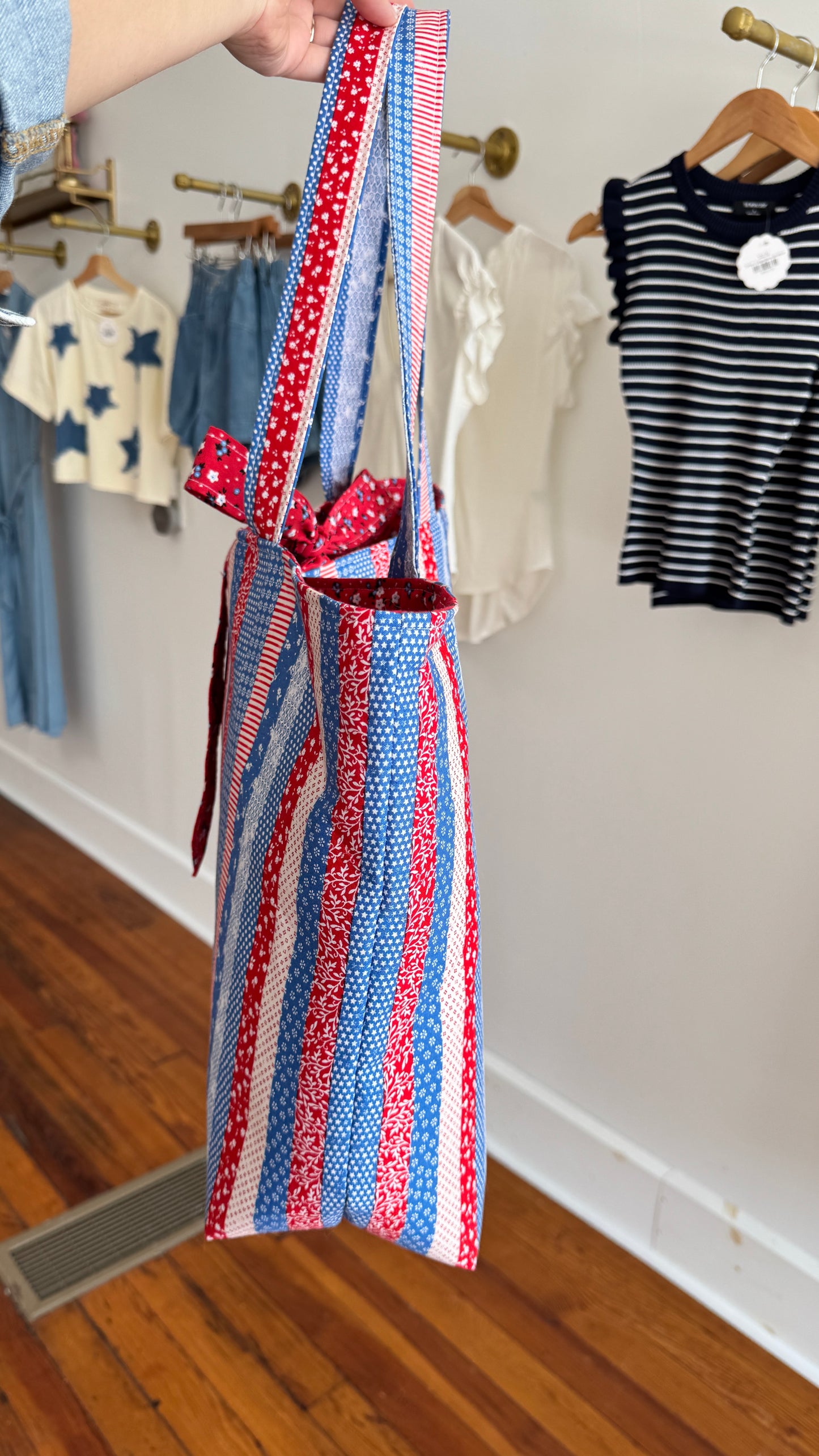 Handmade By Samantha XL Tote Bag: Americana Stripes With Bow Tie Closure