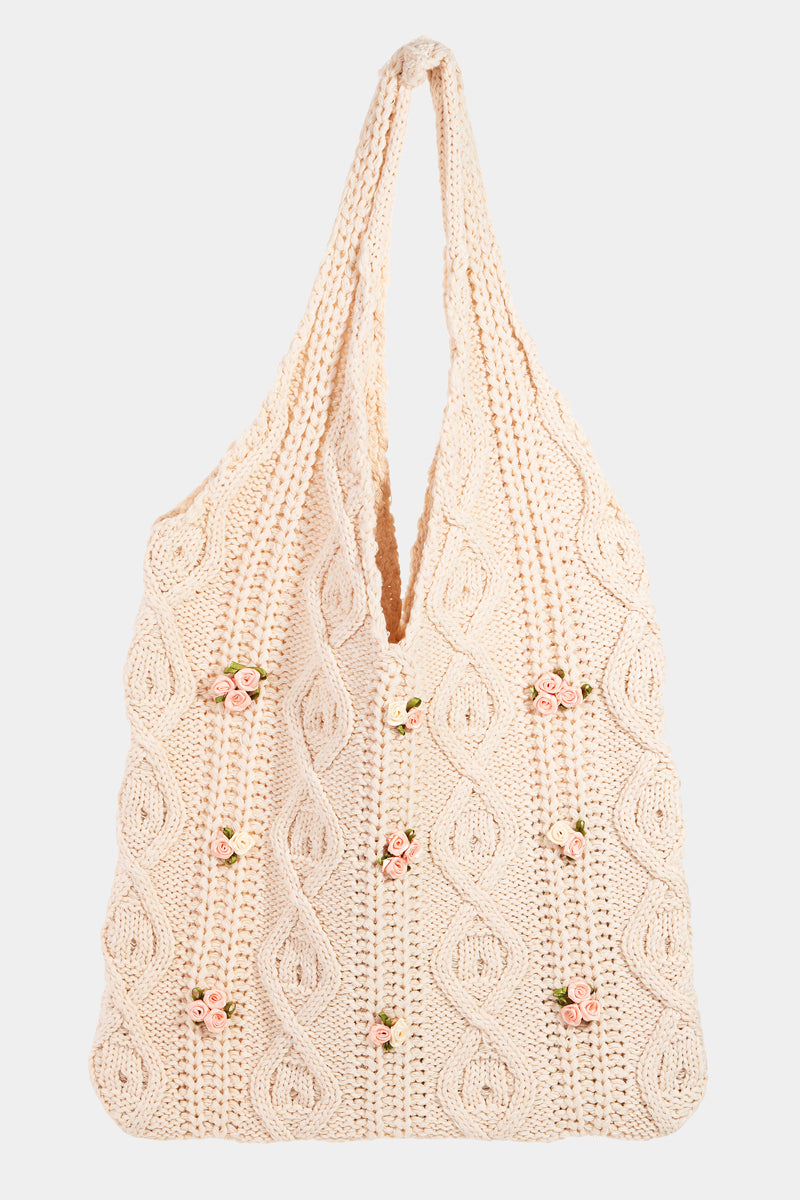 Ivory Crochet Bag With Pink Rosebuds