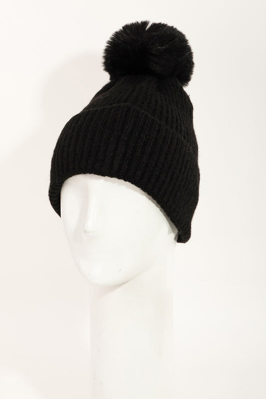 Ribbed Super Soft Beanie with PomPom: Black