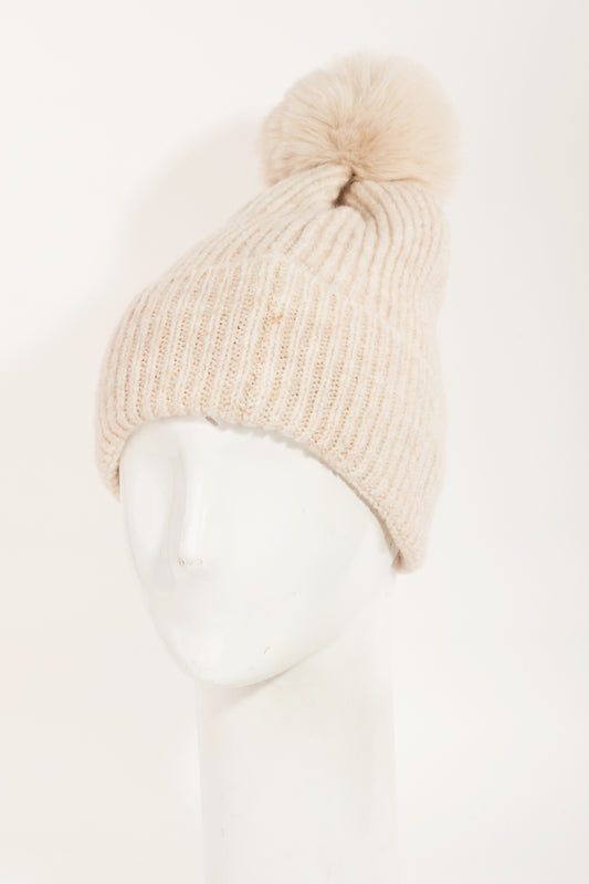 Ribbed Super Soft Beanie with PomPom: Cream