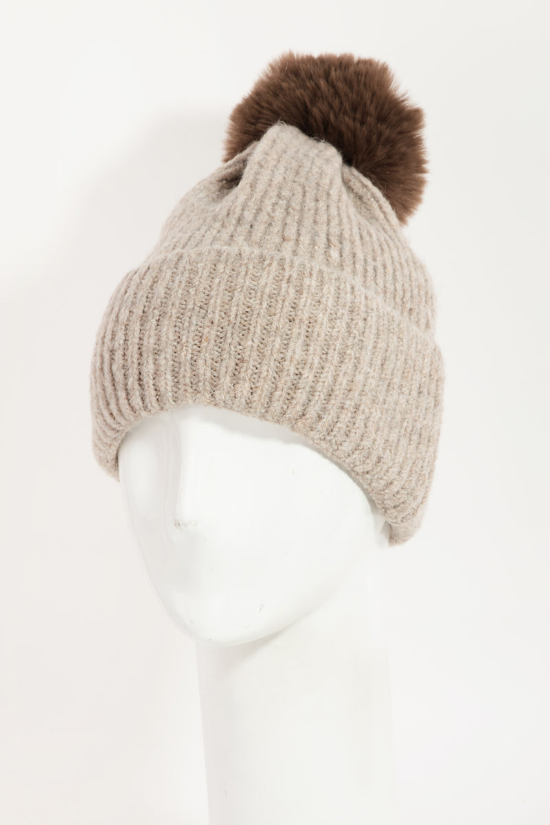 Ribbed Super Soft Beanie with PomPom: Tan