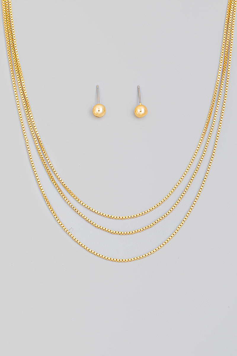 Layered Necklace and Earring Set: Gold