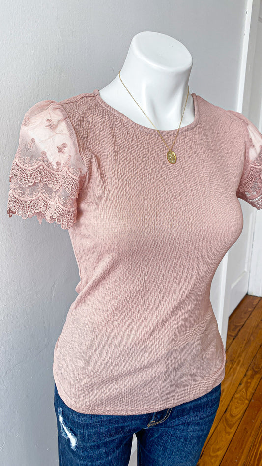 Blush Lace Sleeve Top: Small-3XL